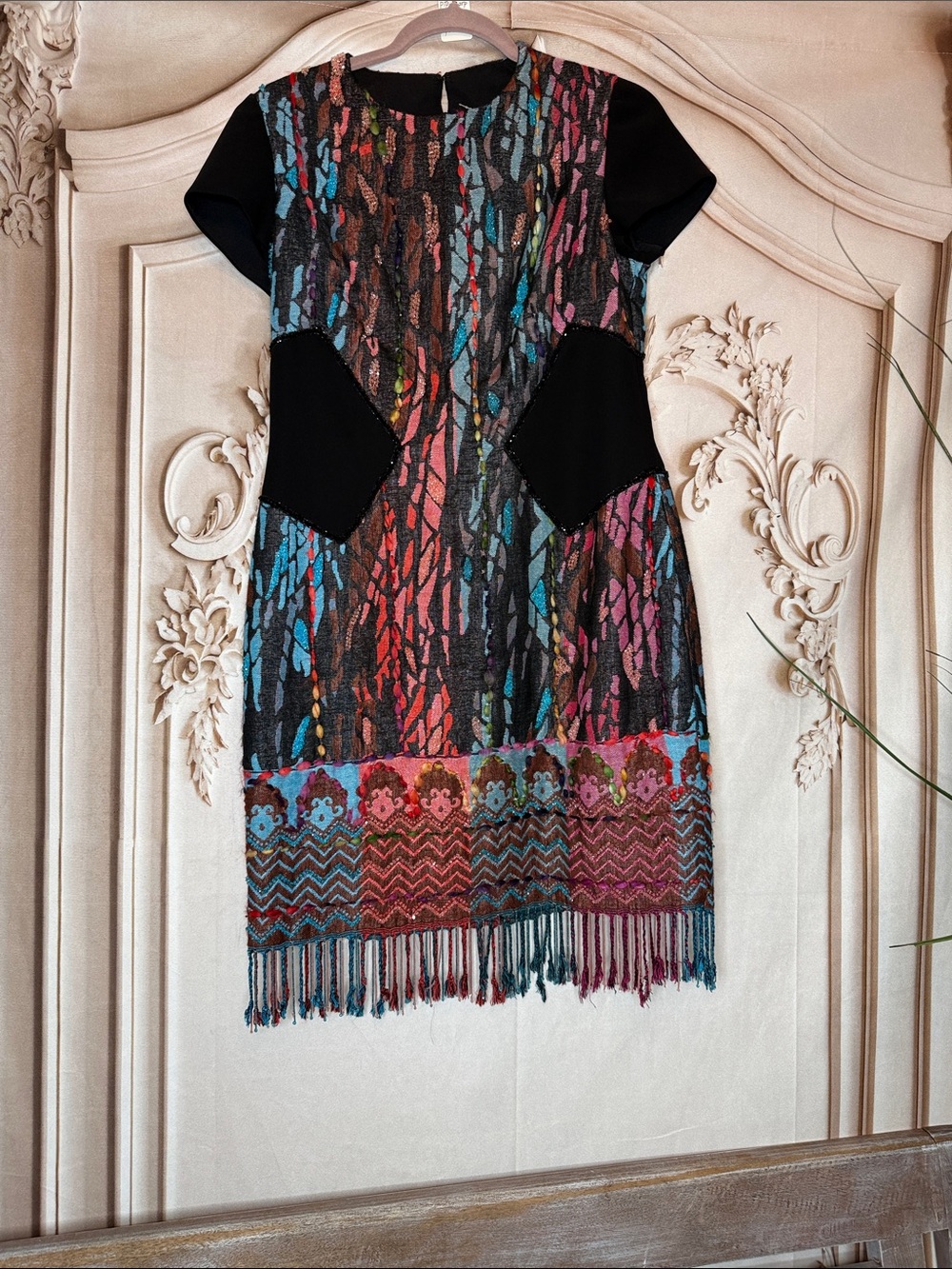 TONY WARD Multicolor Fringe Hem Mini Dress with Black Accents